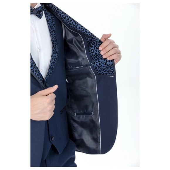 Derman Navy Luxury Patterned Collar Tuxedo Tuxedo 3 Piece - Picture 5 of 5